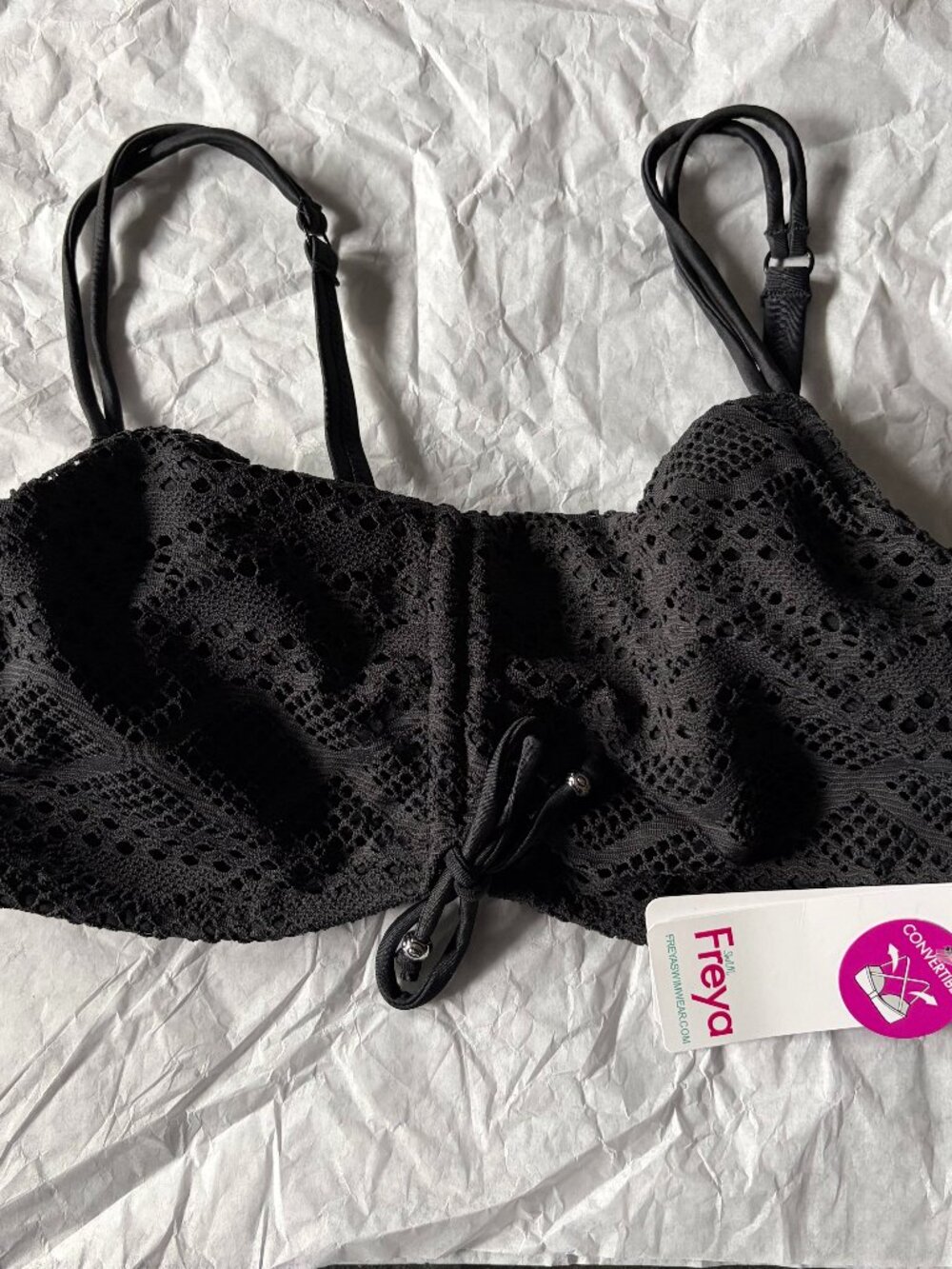 NWT Freya Sundance crocheted black underwire bikini swim top, 30DD
